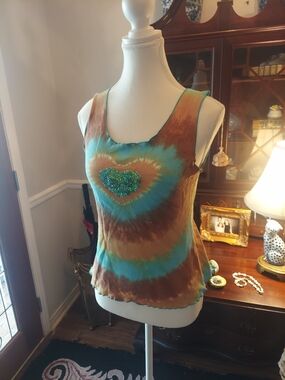 Women's Tie-Dye Tank Top with Glitter Heart - Brown & Teal